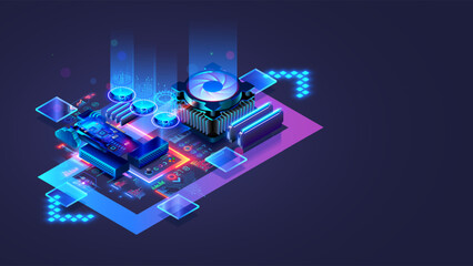Poster - CPU. Abstract digital chip computer processor and electronic components on motherboard or circuit board. Technology develop electronic devices on microchip or microprocessor, hardware engineering. AI.