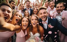 Handsome Groom Selfie With Fun Beautiful Bridesmaids & Groomsmen