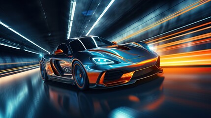 Futuristic Sports Car On Highway. Powerful acceleration of a supercar on a night track with lights and trails. 3d illustration.