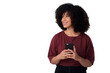 Happy, thinking and a woman with a phone for social media, notification or chat idea. Smile, vision and a young model or girl typing on a mobile for an app isolated on a transparent png background