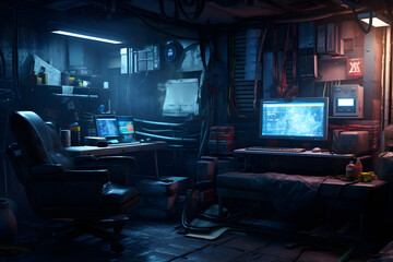 Messy and dark hi-tech cyberpunk hacker hideout room. Neural network generated image. Not based on any actual person or scene.