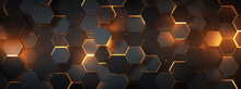 Abstract Futuristic Luxurious Digital Geometric Technology Hexagon Background Banner Illustration. Glowing Gold, Brown, Gray And Black Hexagonal Shape Texture Wall