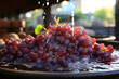 Grapes being crushed and juice flowing out.