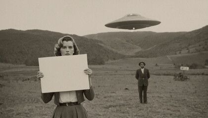 A woman holds a sign under a glowing UFO beam at night.