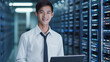 © ImageFlow - Portrait of Asian System Administrator Engineer. Internet Security Concept. Data Cloud Protection Network, Server Room backdrop, Ai Generative