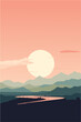 Retro style landscape with mountains, river, sun, clouds at sunset or sunrise. Vintage vector horizontal illustration for poster, travel card, wallpaper