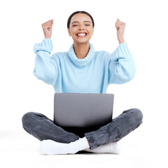 Happy woman, laptop and fist in celebration for winning isolated on a transparent PNG background. Portrait of female person with technology for promotion, bonus or discount sale in victory or success