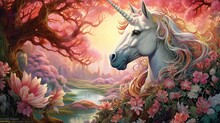 Realistic Magical, Mythical Winged Pegasus Unicorn Horse Fantasy Background. AI Generated Image