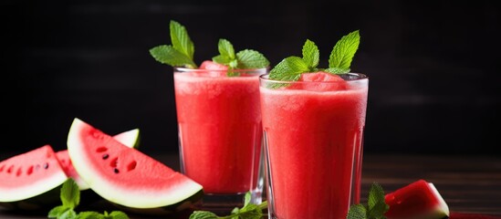 Poster - Glasses filled with a watermelon smoothie and garnished with mint leaves make for a refreshing summer drink The juice is freshly squeezed and the overall drink is a healthy vegetarian option