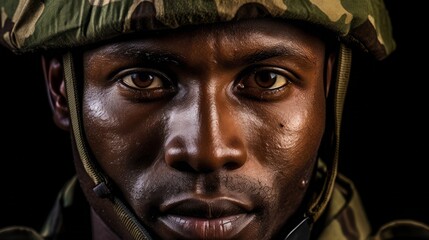 Portrait of a serious soldier in the military uniform. Selective focus. Generative Ai. 