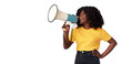 © Sumeet K/peopleimages.com - Megaphone, fashion and woman voice for news, broadcast or student sale isolated on transparent png background. African person, gen z or youth with announcement, call to action or clothes promotion