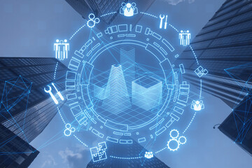Aufkleber - Creative digital architectural project, round wireframe sketch with polygonal mesh and icons on blurry blue city background. Real estate, VR and model concept. Double exposure.