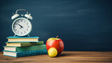 Fototapeta Tematy - Back to School Vibes Alarm Clock Apple and Stack Book
