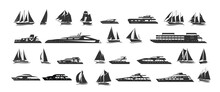 Silhouettes Of The Sailboats And Motorboat. Sailing And Motor Yachts. Silhouettes Of The Sailboats And Motorboat
