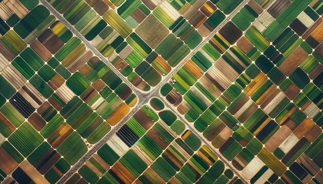 AI illustration of An aerial view of an abstract pattern of colorful agricultural fields