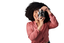 Isolated Woman, Press And Retro Camera For Media, News And Content Creator Job By Transparent Png Background. Paparazzi Girl, Photographer And Vintage Lens For Shooting Newspaper, Magazine Or Tabloid