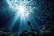 Silhouette of diver and school of fish in the blue sea, AI Generated