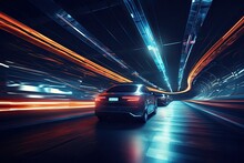 Car on the road with motion blur background. Concept of speed, Underground tunnel with moving cars at night. View from below, AI Generated