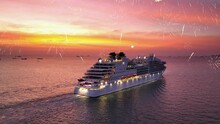 Valentine’s Day CRUISE With Fireworks. Stern Of Cruise Ship And Golden Shining Fireworks, Cruise Liners Beautiful White Cruise Ship Above Luxury Passenger Ship In The Ocean Sea At Sunset. Happy Time.