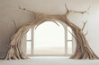 Dry tree forming arch on sand desert landscape. Product display on pastel surreal background with dry driftwood snag, branch frame, gates. Empty space