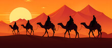 Camel Caravan In The Desert At The Foot Of The High Mountains In The Sunset Light