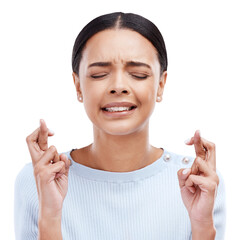 Fingers crossed, hope and woman with fear or anxious isolated in a transparent or png background for a wish. Nervous, waiting and young female person with optimism hands or sign for lottery luck