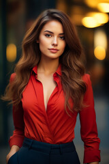 Wall Mural - Woman with long hair wearing red shirt and posing for picture.