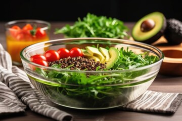 Canvas Print - adding avocados into salad bowl of quinoa and arugula