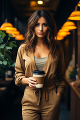 Wall Mural - Woman holding coffee cup in her hands and plant in the background.