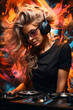 Woman with headphones and dj mixer in front of colorful background.