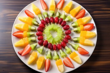 Wall Mural - fruit skewers arranged in a circular pattern on a plate