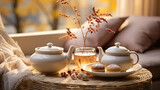 Fototapeta  - Tea set with porcelain teapot cup in a calm and peaceful autumn mood style soft white color palette and dreamy atmosphere created with Generative AI Technology
