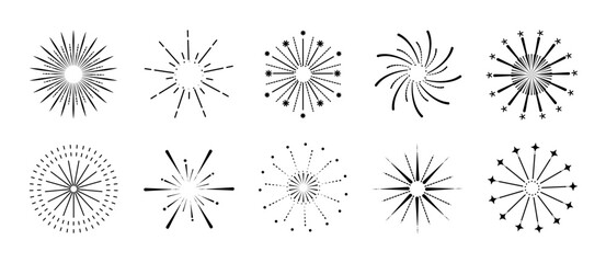 Wall Mural - set of new year firework vector illustration. collection of black starburst, sunlight on white backg
