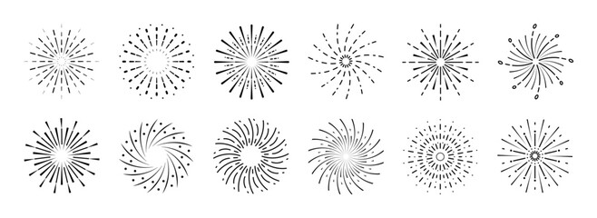 Wall Mural - set of new year firework vector illustration. collection of black starburst, sunlight on white backg