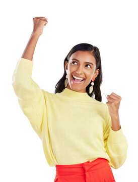 Winner, happy and celebration of indian woman, fist or isolated on transparent png background for cheering, success or good news. Motivation, wow and excited female model celebrate winning bonus deal
