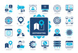 Geotargeting icon set. Website, IP Spidering, Delivering, Personalisation, Private Network, Geomarketing, Visitor, Proxy Server. Duotone color solid icons