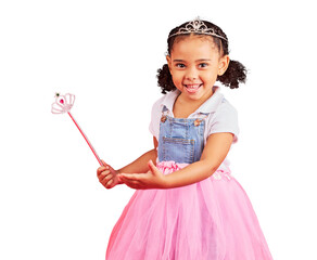 Girl portrait, child and princess with magic wand, fantasy and pink dress isolated on transparent png background. Happy kid, fairytale clothes and fashion, crown and cosplay game in ballet skirt