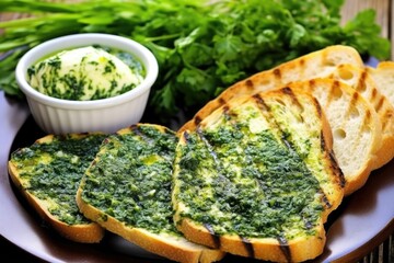 Canvas Print - fresh herbs alongside garlic herb butter grilled bread