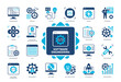 Software Engineering icon set. Maintenance, Designing, Software, Programming, Deployment, Implementation, Verification, Update, Testing. Duotone color solid icons