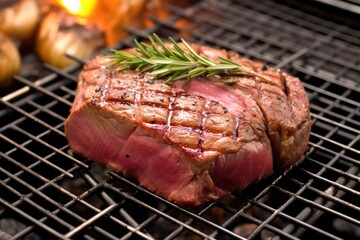 Poster - close-up image of filet mignon in a grilling basket