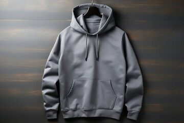 Gray hoodie on a wooden background. Athleisure style