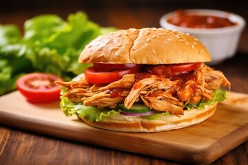 Wall Mural - barbecue chicken sandwich with lettuce and tomato slices