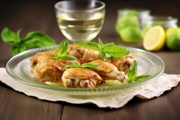 Sticker - chicken thigh garnished with basil on a glass plate