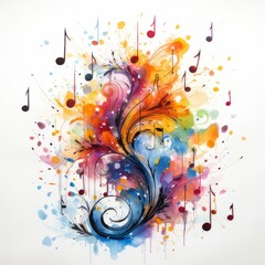 Wall Mural - Illustration of music symbols, instruments and notes in colorful watercolors