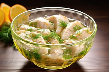 Canvas Print - fresh marinated fish fillets in a glass bowl