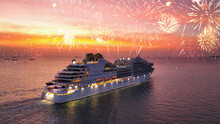 Valentine’s Day CRUISE With Fireworks. Stern Of Cruise Ship And Golden Shining Fireworks, Cruise Liners Beautiful White Cruise Ship Above Luxury Passenger Ship In The Ocean Sea At Sunset. Happy Time.