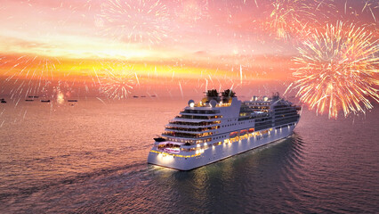 Wall Mural - Valentine’s Day CRUISE with Fireworks. Stern of Cruise Ship and golden shining fireworks, Cruise Liners beautiful white cruise ship above luxury Passenger Ship in the ocean sea at sunset. Happy time.