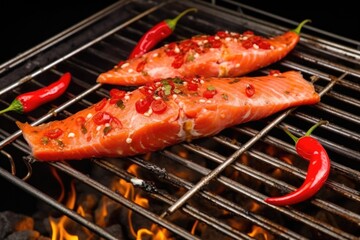 Sticker - salmon on grill rack with red chili sprinkled on it