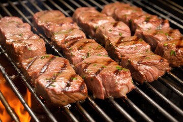 Sticker - close-up of steak tips in garlic sauce, on a grill