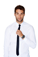 Wall Mural - Portrait, fashion and tie with a man model isolated on a transparent background for classy event style. Confident, style and shirt with a young male getting dressed on PNG for a wedding or party